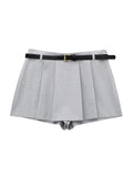Mqtime Spring Summer Shorts Women Preppy Style School Box Pleated Skort With Belt Side Zipper Mid Waist Gray Mini Shorts For Woman