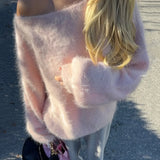 MQTIME  -  Mink Hair Off Shoulders Sweater For Women Loose Pullover Long Sleeve Knitted Top Casual Lazy Autumn Fashion Lady Sweater