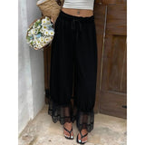 MQTIME  -  Women Mesh See-through Floral Lace Patchwork Ruffle Hem Bloomer Pants Loose Drawstring Elastic Waist Cropped Trousers