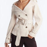MQTIME  -  Women Elegant Off Shoulder Trench Jacket Fashion Double Breasted Belted Waist Short Coat Spring Autumn Daily Street Outerwear