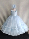 MQTIME  -  Sky Blue Flower Girl Dresses Tulle Puffy Pearls Belt With Bow Sleeveless For Wedding Birthday Party Banquet Princess Gowns