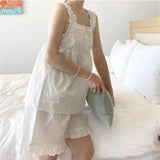  MQTIME  -  Palace style pure cotton wood ear suspender pajamas set summer new Korean ins sweet girl square neck home outfit