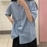 MQTIME   -  women summer casual plaid short sleeve blouse female oversize Japanese sweet botton shirts lady