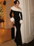  MQTIME  -  Furry Patchwork Christmas Dress Women Winter Elegant Trend Diagonal Collar Split Hem Full Sleeve Party Club Vestidos