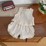 MQTIME  -  Summer girls' bow print sleeveless top and shorts set, baby's fresh and delicate lace full print 2-piece set