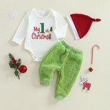 MQTIME  -  Newborn Baby Outfits Winter Warm Letter Print Romper Plush Pants with Hat 3Pcs Christmas Clothes Sets Long Sleeve