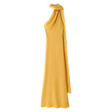 MQTIME  -  Women Ribbon Hanging Neck Long Dresses Solid Color Summer Sleeveless Backless Slim Halter Party Dress Female Elegant Satin Robe