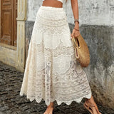 MQTIME  -  Women Boho Crochet Skirts High Waist Hollow Out Beach Skirts A-line Knitted Beach Vestidos Floral Maxi Skirt Mujer