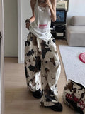 MQTIME  -   Women Casual Pants American Retro Cow Print Jeans Women Autumn Lazy Loose Wide Leg Curved Denim Pants Relaxed Fit Trousers