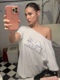 MQTIME  -  Streetwear Vintage Tshirt Women Letter Print Oversize Tee Short Sleeve Korean Fashion Off Shoulder Aesthetic Office Lady