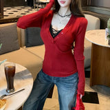 MQTIME  -  2025 Spring New Korean V-neck Button Casual Threaded Long-sleeved Sweater Women + Lace Sexy Camisole Two-piece Suit