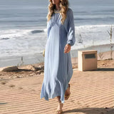 MQTIME  -  Fashion Solid Color Long Sleeve Pleat Dress Elegant O Neck Loose Beach Dress Summer New Simple Backless Women's Commuting Dress