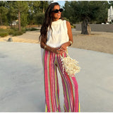 MQTIME  -  Rainbow Color Knitted Striped Pants Women Wide Leg Hollow Out Striped Loose Trousers 2025 Autumn Fashion Vacation Street Pants