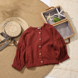 MQTIME  -  Retro Ramie Long-Sleeved Children's Cardigan Solid Color Button-Down Coat Autumn Winter Casual Lantern Sleeve Shirt Jacket