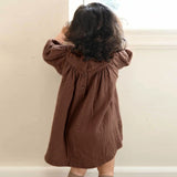  MQTIME  -  French Round Neck Pleated Cotton Crepe Muslin Dress Girls Autumn New Casual Loose Retro Brown Children's Dresses