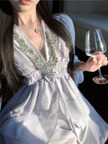 MQTIME  -  Gentle Style Dress High-end Pearl Studded V-neck Ruffled Edge Waist Cinched Short Chiffon Style Midi Vestidos