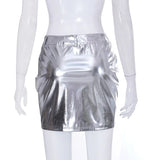 MQTIME  - Metallic Gilding PU Leather Mini Pencil Skirts Women Summer High Waist Button Fly Pockets Shiny Y2K Skirt All Matching Petticoat