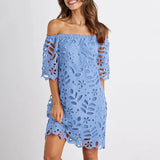 MQTIME  -  New Lace Dress Slash Neck Embroidery Mini Dress Hollow Out A-line Party Dresses Femme Elegant Short Vestidos
