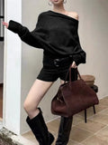 MQTIME  -  Autumn New Women's Knit Two Piece Set Solid Color Loose Long Sleeve Top High Waisted Shorts Chic Outfit