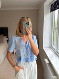MQTIME  -  Women's Light Blue Embroidered Tie Front Blouse Elegant V Neck Puff Sleeve Ruffle Hem Top Ladies Daily Streetwear Shirt