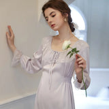 MQTIME  -  Women's Purple Satin Lace Nightgown Spring Long Sleeve Night Dress Homewear Round Neck Nightdress