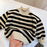  MQTIME  -  Boys Striped Sweater Kids Thickened Fleece High Collar Knitted Boys Inner Wear Autumn Winter Warm Soft Pullover Children Clothes