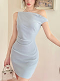 MQTIME  -  Elegant Solid Bodycon Evening Party Dresses Fashion Diagonal Collar Off Shoulder Prom Vestidos Summer Korean Female Clothing New