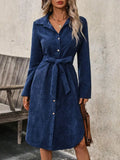 MQTIME  -  New Solid With Belt Corduroy Long Sleeve Winter Dress Office Party Button Open Mid-Length Skirt Elegant Autumn Women's Clothing