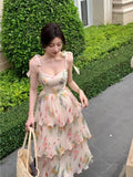 Mqtime Summer Sweet Printed Floral Cake Dress Women Elegant Strap Ruffles Evening Party Dress Female Korean Chic Holiday Vestidos