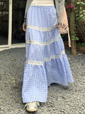 MQTIME  -  Blue Plaid Maxi Skirt Women Lace Patchwork Tiered Long Skirts for Women Korean Fashion High Wasit A-line Coquette Dress