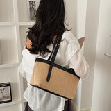  MQTIME  -  Women's Khaki Straw Weave Leather Patchwork Tote Bag Vacation Casual Aesthetic Beach Daily Shoulder Handbag Summer Trend