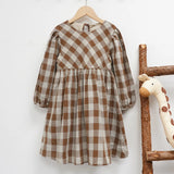  MQTIME  -  Retro Cotton And Linen Long-Sleeved Plaid Dress Girls 2026 Spring New Chic Back Lace-up Loose Pleated Children's Dresses