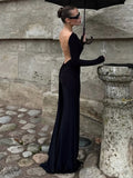 MQTIME  -  Classic Bead Backless Dress Women Sexy Slash Neck Full Sleeve Simple Fashion Stretch Banquet Party Elegant Vestidos