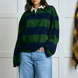 MQTIME  -  Women Y2K Vintage Retro Sweatshirts Long Sleeve Lapel Button V-Neck Pullover Top Loose Striped Rugby Pol0 Tee Shirts
