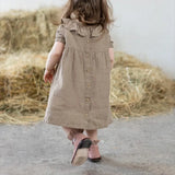 MQTIME  -  Summer Cotton Linen Ruffled Crew Neck Girls Dress New Casual Loose Ruched Back Wooden Buttons Short Sleeve Linen Dresses
