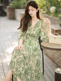 MQTIME  - Women's Vintage Floral Print V-Neck Dress Female One-Piece Clothes French Lady A-Line Elegant Chic Maxi Dresses New 2024