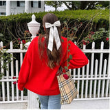 Mqtime Fashion Red Round Collar Knitted Sweater For Women Autumn Loose Knitted Pullover Female High Street Long Sleeve Lady Chic Jumper