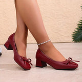 MQTIME  -  Elegant Ballet Wine Red Bowknot Medium Heel Pumps Women Summer Classic Square Toe Thick Heel Pumps Women Black Office Shoes