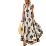 MQTIME  -  Women Bohemian Dress Deep V Neck A-Line Sleeveless Print Retro Maxi Dresses High Waist Loose Floor-Length Long Dress