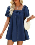 MQTIME  -  Summer New Fashion Square Neck Women Bubble Sleeve Dress Simple Strap Up Elegant Female Denim Short Dresses