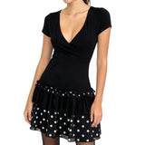 MQTIME  -  Women Dot Print Summer Dress Slim Deep V Neck Short Sleeve A-line Mini Layered Ruffle Dresses