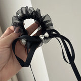 Mqtime Woman Heart Rhinestone Pearl Elastic Hair band Black Gauze Hair Ties Rubber Band Scrunchies Hair Ring Rope Girls Hair Accessorie