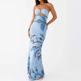 MQTIME  -  Flower Print Patchwork Strapless Evening Dress Lady Casual Off Shoulder High Waist Party Dress Elegant Backless Slim Long Dress