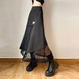 Mqtime Vintage Lace Stitching Casual Black Skirt Women Y2K 2024 Autumn and Winter New Korean Fashion Irregular Split Mid-length Skirt