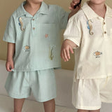 MQTIME  -  Summer New Children Short Sleeve Clothes Set Boys Girls Cartoon Embroidery Shirts + Shorts 2pcs Suit Kids Casual Outfits