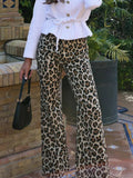 MQTIME  -  Women Animal Print Straight Leg Pants Fashion Slim Fit Trousers with Zipper Detail for Casual Streetwear