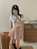 MQTIME   -  Summer Women Solid Short Sleeve Top+pleated Mini Skirts 2 Piece Set Sweet Lady Pink Grey Blazer Suit Preppy Style Set