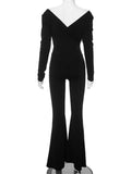 Mqtime Off-Shoulder Slim Black Rompers For Women Trousers Straight High Waist Fashion Patchwork Long Sleeve Jumpsuit Streetwear