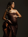 MQTIME  -  Elegant Strapless Sequin Maternity Gown Satin Bow - Formal Pregnancy for Wedding, Party, Prom Floor Length Brown Maternity Gown