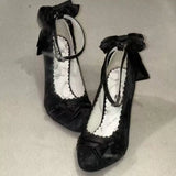 MQTIME  -  New Strap Sweet Bow Thin Heel Lolita High Heels Pumps Women Elegant Silk Shallow Mouth Round Head Single Shoes for Cosplay
